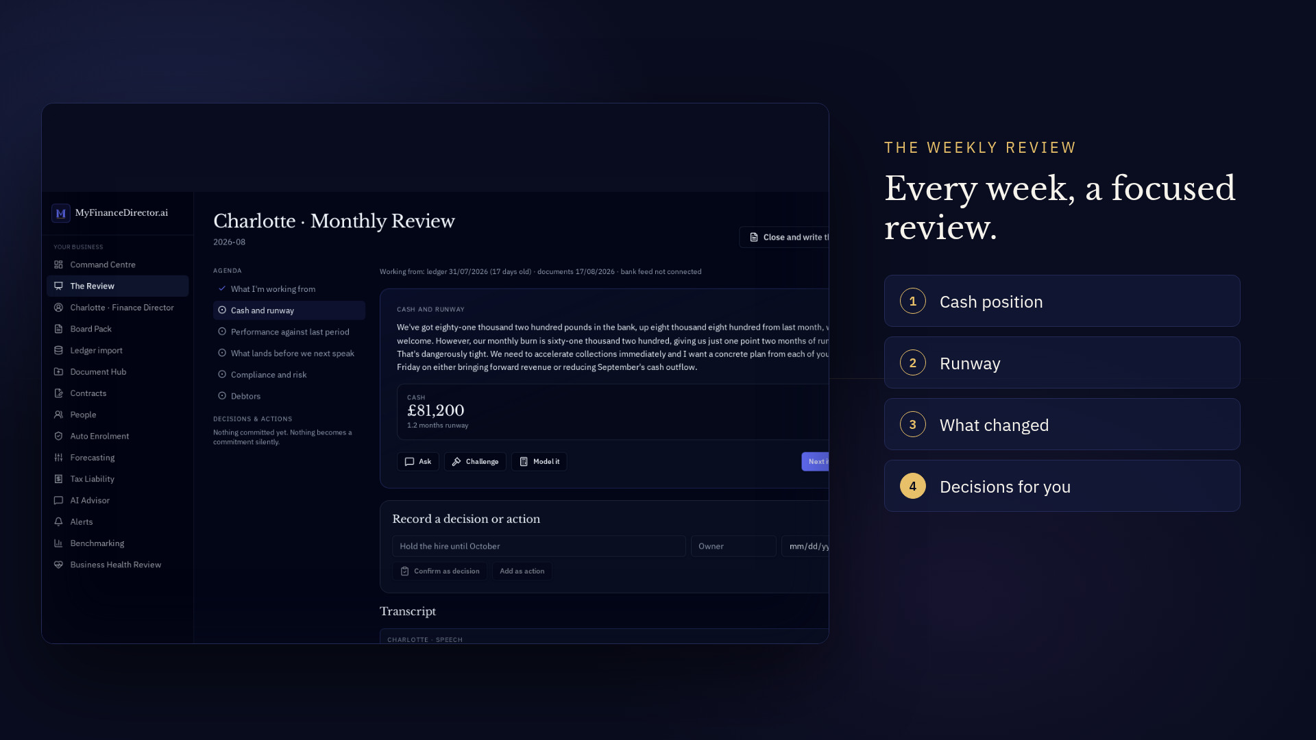 The Weekly Review in MyFinanceDirector.ai: cash position, runway and decisions for the week