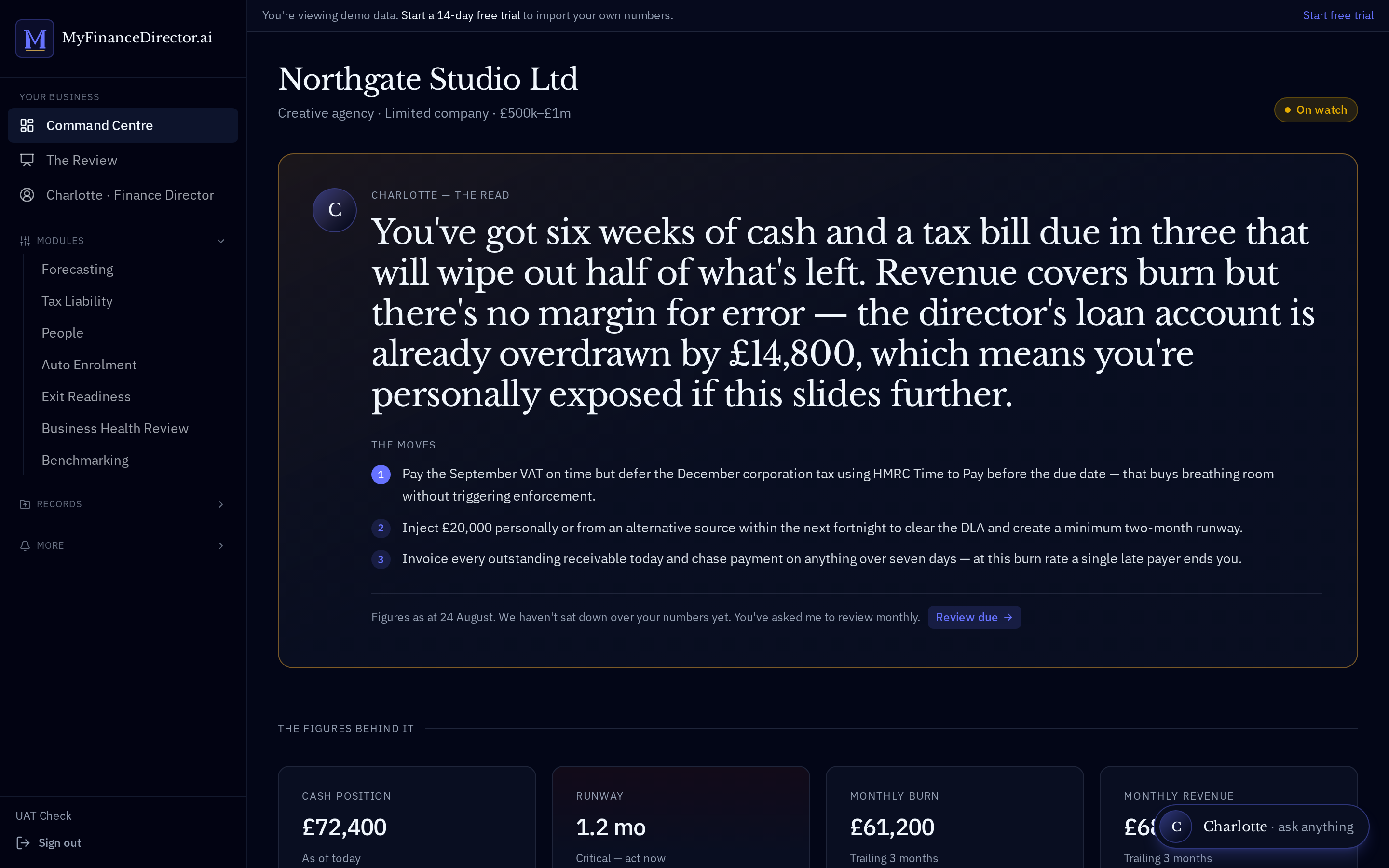 Command Centre screenshot showing cash, runway, burn and monthly revenue